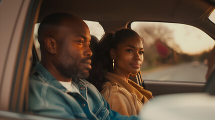 beautiful south african woman and a handsome black man driving in a car - obrazy, fototapety, plakaty