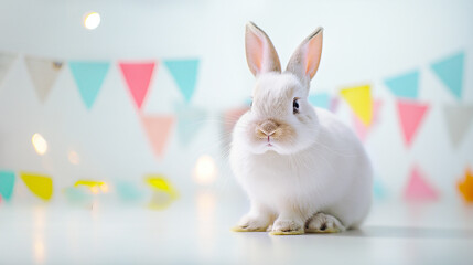 A cute white Easter bunny sits on a white floor, against a background of festive multi-colored flags and Easter eggs. Banner, greeting card with copy space. The concept of the religious holiday of Eas