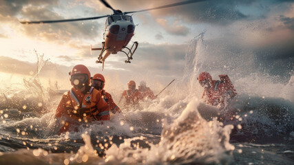 Dramatic rescue operation at sea with a helicopter and courageous crew in action. - obrazy, fototapety, plakaty