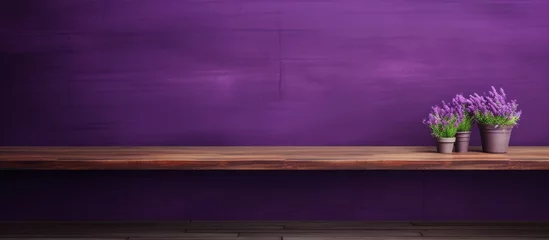 Foto op Plexiglas A rectangle wooden shelf adorned with two vibrant potted plants against a purple wall, creating an artful landscape with hints of violet, magenta, and clouds on the horizon © AkuAku