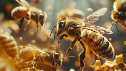 Close-up of a honeybee in flight among a swarm, with a warm, sunlit ambiance. Honey drops and hive structures enhance the busy atmosphere typical of a beehive.