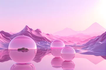 Tuinposter 3D glow modern pink sphere with water landscape wallpaper © Ivanda