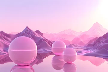 Rolgordijnen 3D glow modern pink sphere with water landscape wallpaper © Ivanda