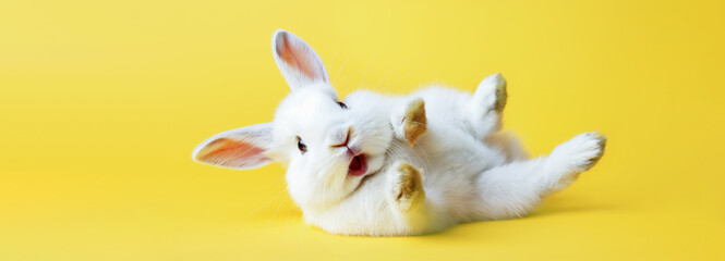 A funny surprised white Easter bunny lies on his back with his paws up and looks at the camera, on...
