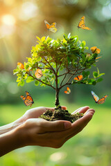 Hands cradling a tree with butterflies - concept of ecology