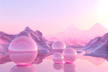 3D glow modern pink sphere with water landscape wallpaper