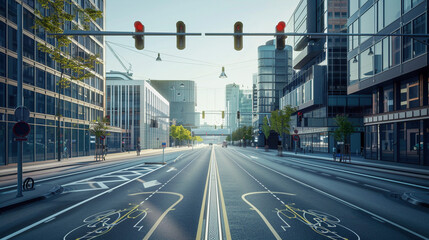 Serene Urban Landscape: Empty City Street with Bicycle Lanes