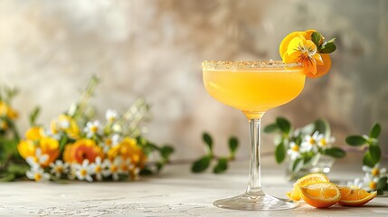 Orange drink with lovely blooms and a pennant lemons over a striking grey marble backdrop depiction and space, Generative AI.