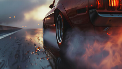 Muscle car in a dramatic burnout on a wet road at sunset.