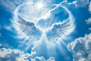 Angel wings and halo formed from beautiful fluffy clouds - obrazy, fototapety, plakaty