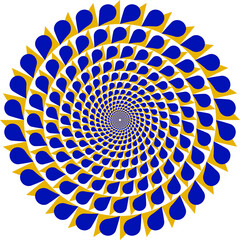 Circular spiral pattern of blue drops in yellow white cells. It seems that they moving slowly. Optical illusion background. Round colored frame.