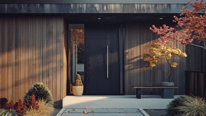 Serene modern house entrance with stylish wooden design and autumn foliage.
