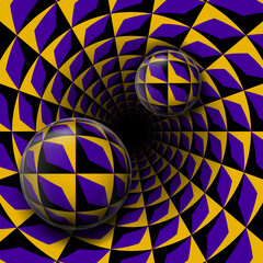 Two patterned spheres on a hole background. It seems that they are moving inward. Optical illusion illustration.