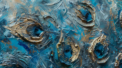 Close-up of a textured blue and gold painting, invoking a sense of abstract creativity.