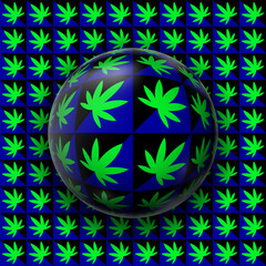 Sphere on surface with hemp leaf pattern seems to be moving. Optical illusion illustration.