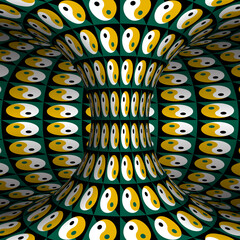 Inner part of torus with pattern of colored Yin Yang symbols. It seems that the torus is spinning. Optical illusion illustration.