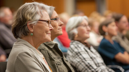 Senior Women Engaged in a Seminar. A group of attentive elderly women participating in an educational seminar, listening intently.