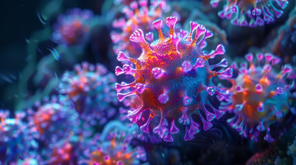 Fototapeta na wymiar A coral resembling the shape of a virus, with electric hues of purple and pink highlighted by blue bioluminescent accents.