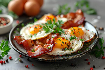 Delicious fried eggs and crispy bacon on a plate, with spices
