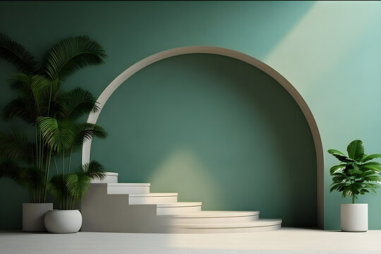 Round arch with stairs to the second floor, next to a large plants,  generated by AI. 3D illustration