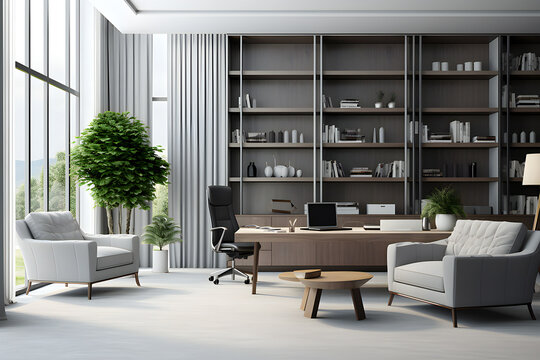 Fototapeta Modern loft office with high ceiling,  gray brick wall, designer leather chairs in steel stack. Mock up photo of interior,  generated by AI. 3D illustration