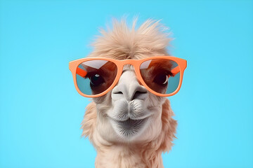 close-up of a funny camel head in sunglasses on a blue background,  generated by AI. 3D illustration