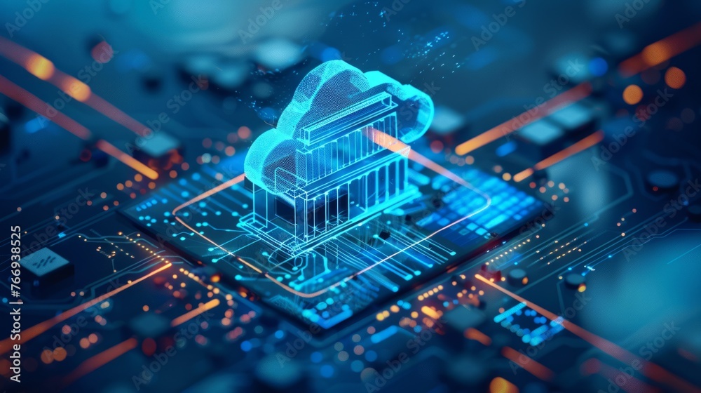 Poster a futuristic 3d animation visualizing cloud computing technology merging with banking architecture, 