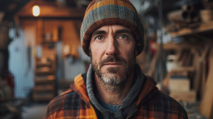 Portrait of a rugged man with a stubbled beard, wearing a knitted beanie and plaid shirt, standing in a woodworking workshop. - obrazy, fototapety, plakaty