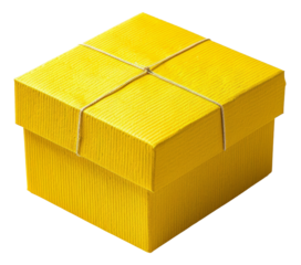 Bright yellow gift box with cross ribbon, cut out - stock png.