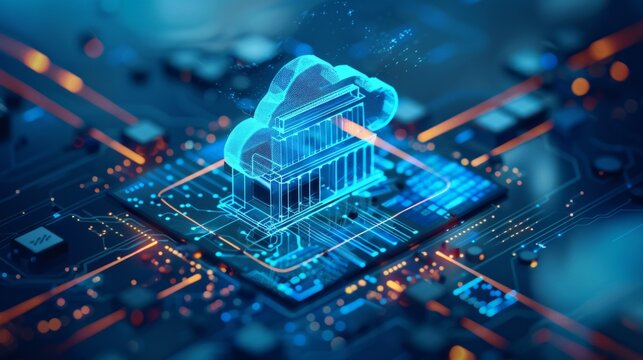 A futuristic 3D animation visualizing cloud computing technology merging with banking architecture, set against a backdrop of a vibrant circuit board. It highlights the concept of digital banking