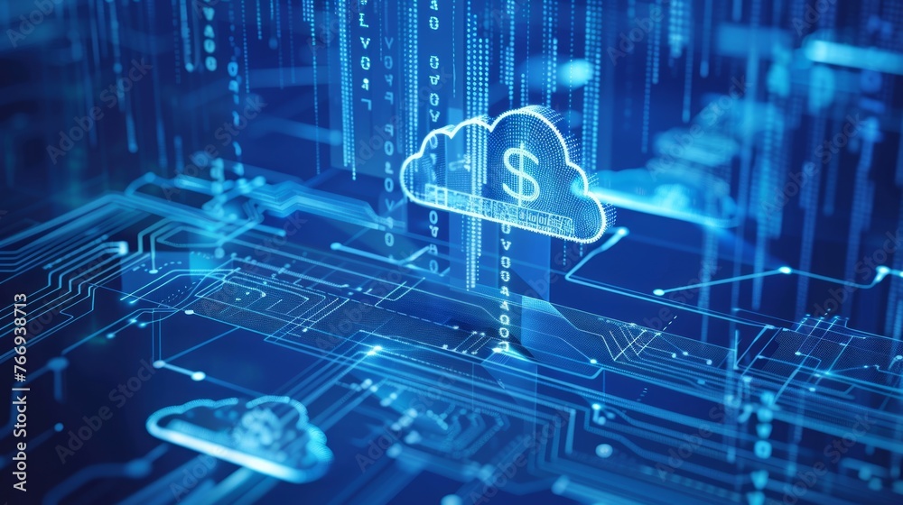 Poster a futuristic 3d animation visualizing cloud computing technology merging with banking architecture, 