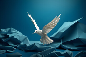Obraz premium Close-up of a polygonal white bird made of paper on an origami background, generated by AI. 3D illustration
