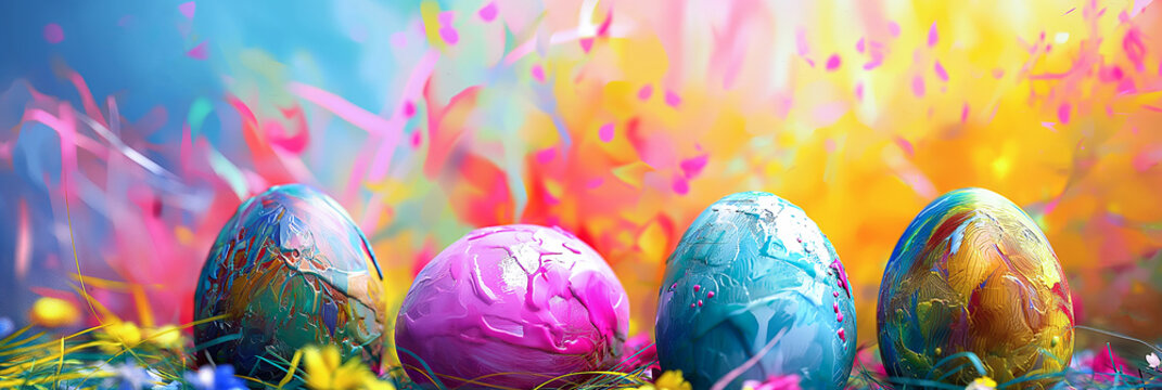 Colorful Easter multi-colored eggs standing in a row, painted with paint, on a background of colorful splashes. Banner, card, cover for Easter with copy space. Traditional religious holiday
