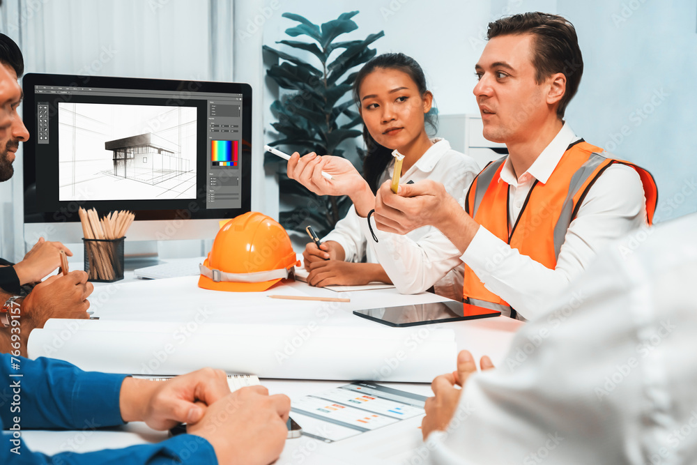 Poster diverse group of civil engineer and client working together on architectural project, reviewing cons