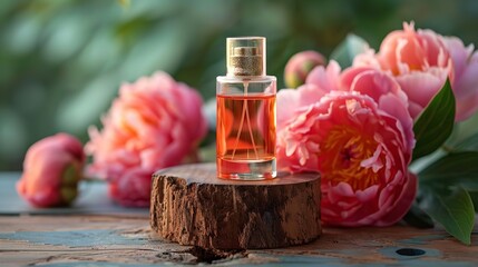 Orange liquid perfume sample on a wooden pedestal with soft-focus blooms with orangy meddling in the backdrop and space, Generative AI. - obrazy, fototapety, plakaty