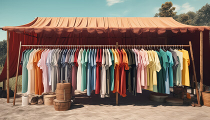 A rack of clothes is hanging under a yellow tent - Powered by Adobe