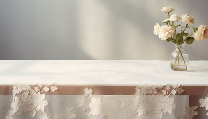 A table covered in a white lace tablecloth - obrazy, fototapety, plakaty