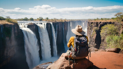 Photo real for Backpacker at Victoria Falls in Backpack traveling theme ,Full depth of field, clean bright tone, high quality ,include copy space, No noise, creative idea