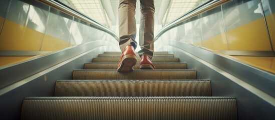 A person is climbing a set of hardwood stairs with a handrail in a building. Their leg muscles and...