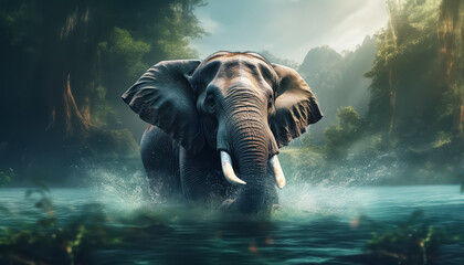 A large elephant is running through a river, splashing water everywhere - obrazy, fototapety, plakaty