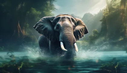 Foto op Aluminium A large elephant is running through a river, splashing water everywhere © terra.incognita