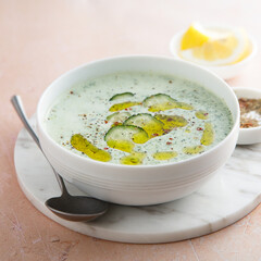 Homemade cold yogurt soup with cucumber