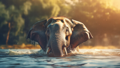 A large elephant is running through a river, splashing water everywhere - Powered by Adobe