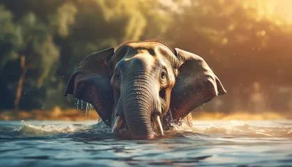 Foto op Plexiglas A large elephant is running through a river, splashing water everywhere © terra.incognita