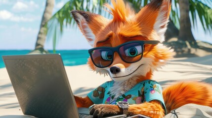 Cartoon fox working at laptop on beach in bright T-shirt and sunglasses. Summer vacation, mood. bright Illustration