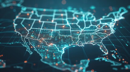 A sophisticated 3D animation of a digital map of the USA, displaying interconnected data lines and glowing nodes across the country. It symbolizes the connectivity and technological advancement - obrazy, fototapety, plakaty