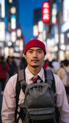 Photo real for Backpacker exploring the streets of Tokyo in Backpack traveling theme ,Full depth of field, clean bright tone, high quality ,include copy space, No noise, creative idea