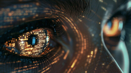 a pair of robotic eyes, reflecting a complex code - obrazy, fototapety, plakaty