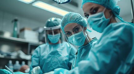 The surgeon and assistant coordinated work during the patient's surgery, surgical procedure, sterile environment, surgical team - obrazy, fototapety, plakaty