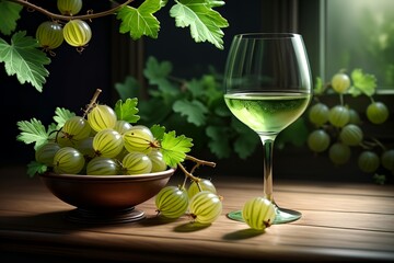gooseberry liqueur, wine in a glass isolated on a green background